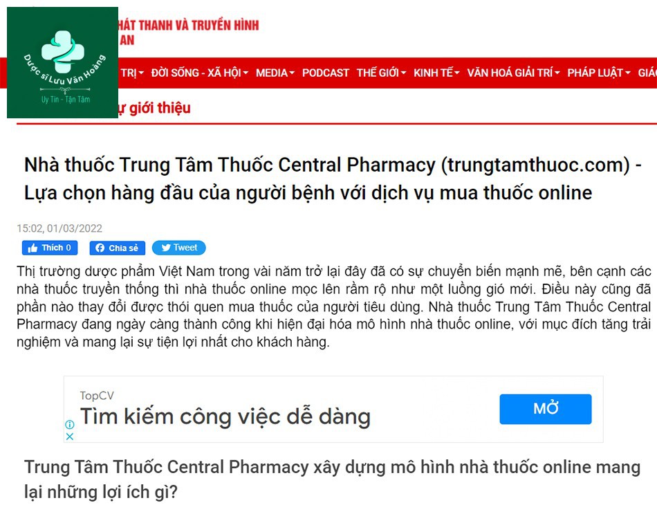 Truyền Hình Nghệ An: Nhà thuốc Trung Tâm Thuốc Central Pharmacy (trungtamthuoc.com) - Lựa chọn hàng đầu của người bệnh với dịch vụ mua thuốc online