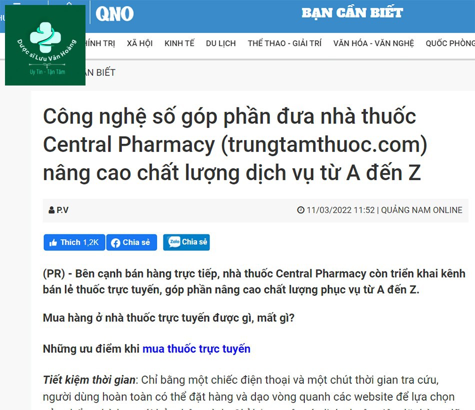 Báo Quảng Nam cho hay:  Công nghệ số góp phần đưa nhà thuốc Central Pharmacy (trungtamthuoc.com) nâng cao chất lượng dịch vụ từ A đến Z  