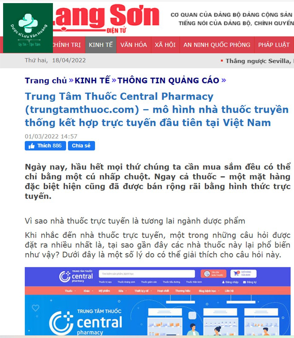 Báo Lạng Sơn: Trung Tâm Thuốc Central Pharmacy (trungtamthuoc.com) – mô hình nhà thuốc truyền thống kết hợp trực tuyến đầu tiên tại Việt Nam
