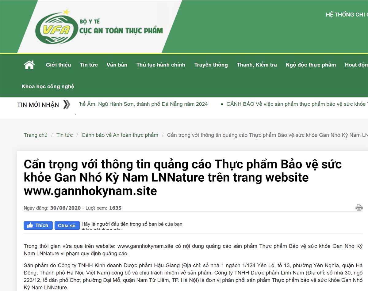 Thực phẩm bảo vệ sức khỏe Gan Nhó Kỳ Nam quảng cáo sai sự thật