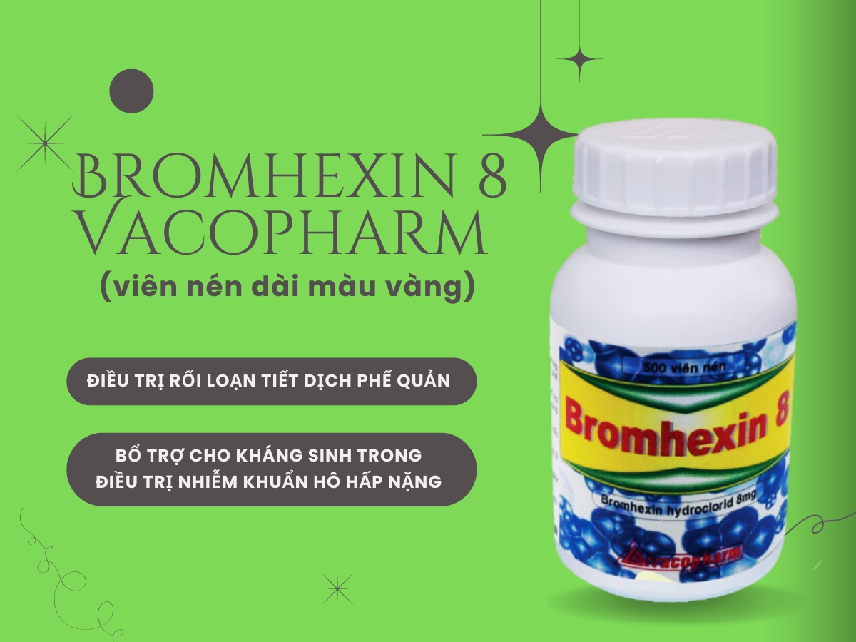 Thuốc Bromhexin 8 Vacopharm (viên nén dài màu vàng) điều trị rối loạn tiết dịch phế quản