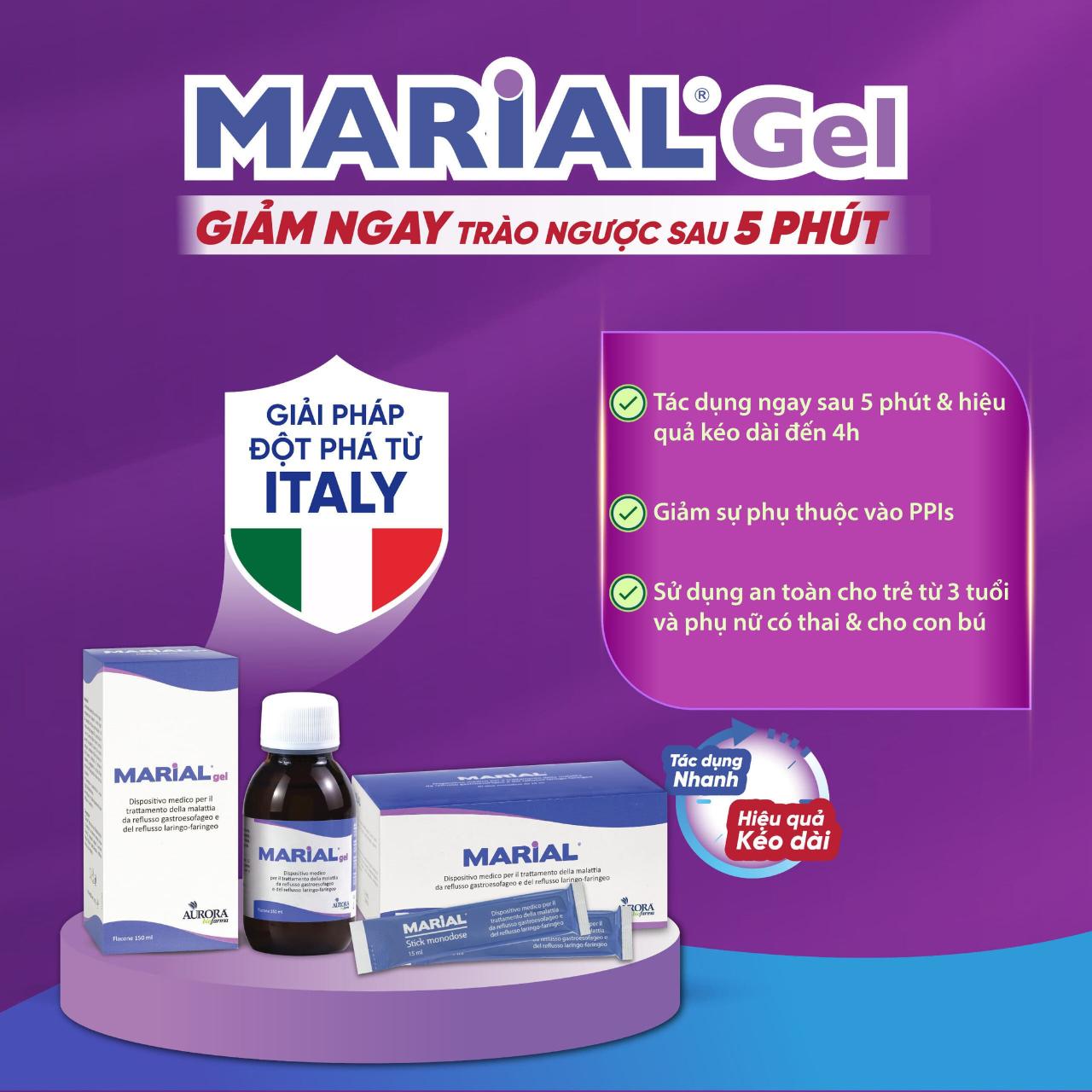 Marial Gel- Giải pháp giảm nhanh trào ngược sau 5 phút cho bệnh trào ngược dạ dày từ Italy