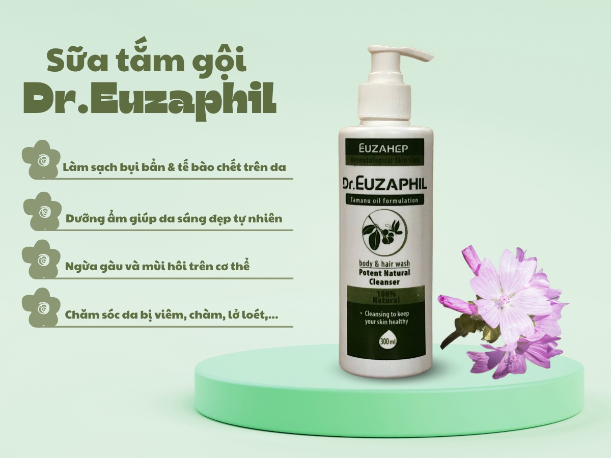 Sữa tắm gội Dr.Euzaphil giúp làm sạch bụi bẩn, tế bào chết và chăm sóc cho làn da