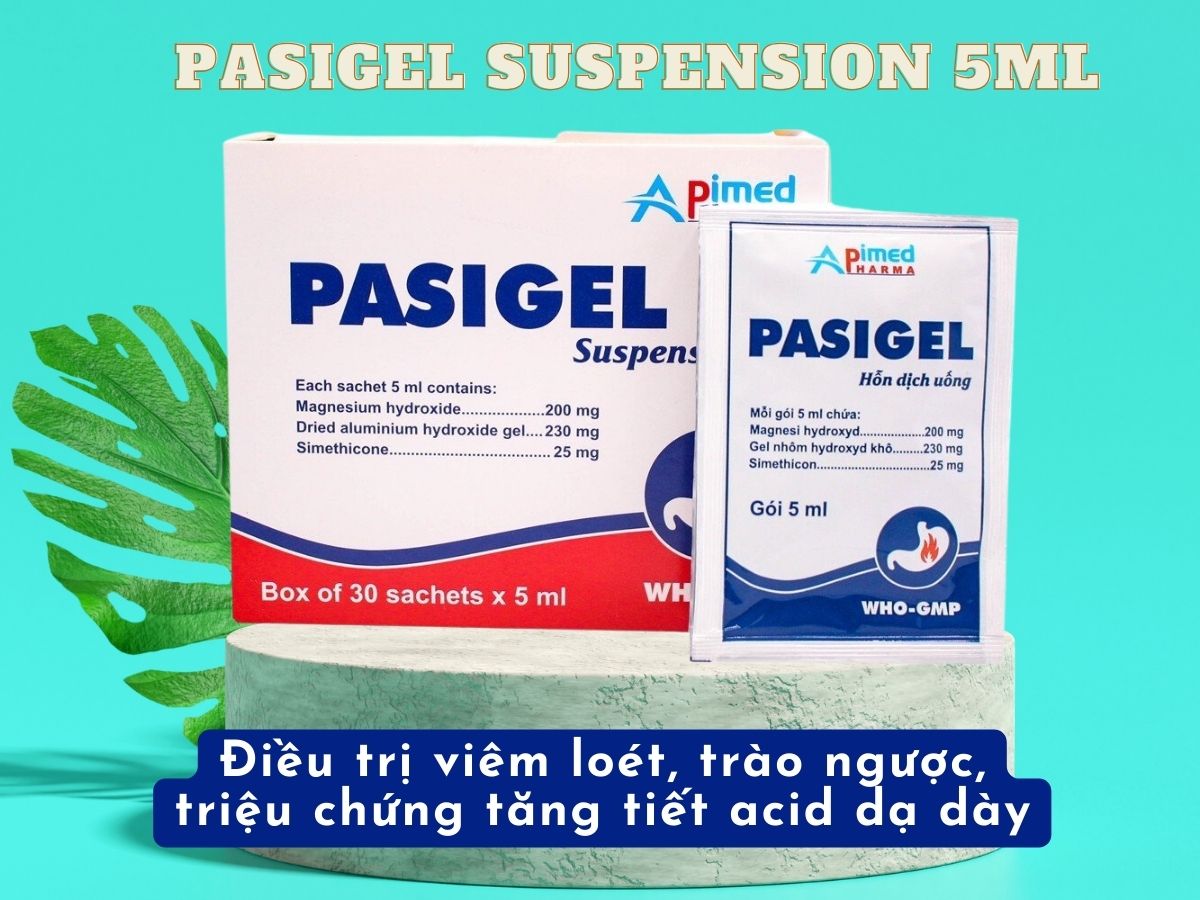 Thuốc Pasigel Suspension 5ml điều trị viêm loét, trào ngược, triệu chứng tăng tiết acid dạ dày