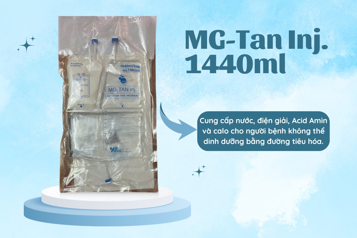 Thuốc MG-Tan Inj. 1440ml cung cấp nước, điện giải, calo và Acid Amin cho bệnh nhân