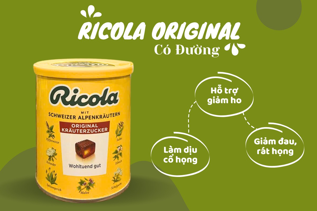 Kẹo ngậm ho Ricola Original Có Đường làm dịu, giảm đau rát họng