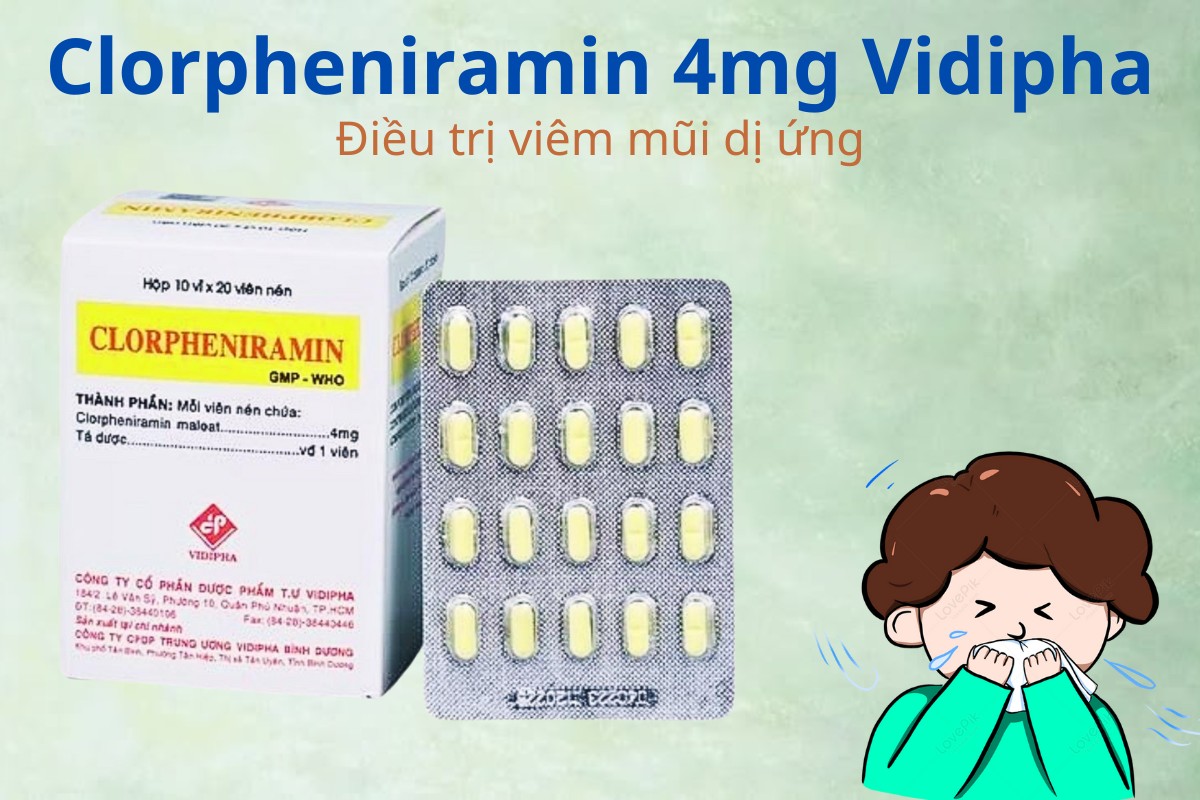 Clorpheniramin 4mg Vidipha 9 Clorpheniramin 4mg Vidipha điều trị viêm mũi dị ứng