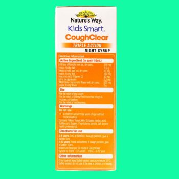 Nature’s Way Kids Smart Cough Clear Triple Action Syrup có tác dụng hỗ trợ làm dịu cổ họng, giảm các biểu hiện như ho, đờm, sốt nhẹ