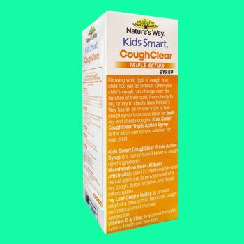 Nature’s Way Kids Smart Cough Clear Triple Action Syrup có tác dụng hỗ trợ làm dịu cổ họng, giảm các biểu hiện như ho, đờm, sốt nhẹ