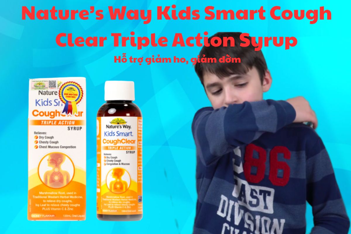 Nature’s Way Kids Smart Cough Clear Triple Action Syrup 12 Nature’s Way Kids Smart Cough Clear Triple Action Syrup có tác dụng hỗ trợ làm dịu cổ họng, giảm các biểu hiện như ho, đờm, sốt nhẹ