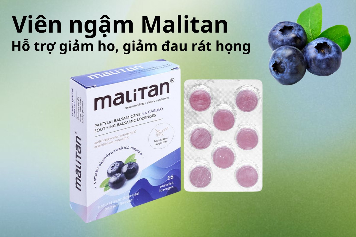 Viên ngậm Malitan 9 Viên ngậm Malitan hỗ trợ giảm ho, đau rát họng