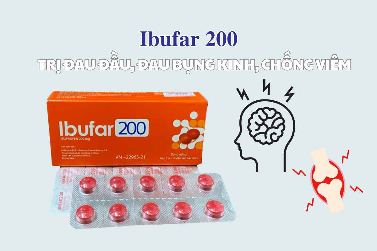 Ibufar 200 điều trị đau đầu, đau bụng kinh, chống viêm