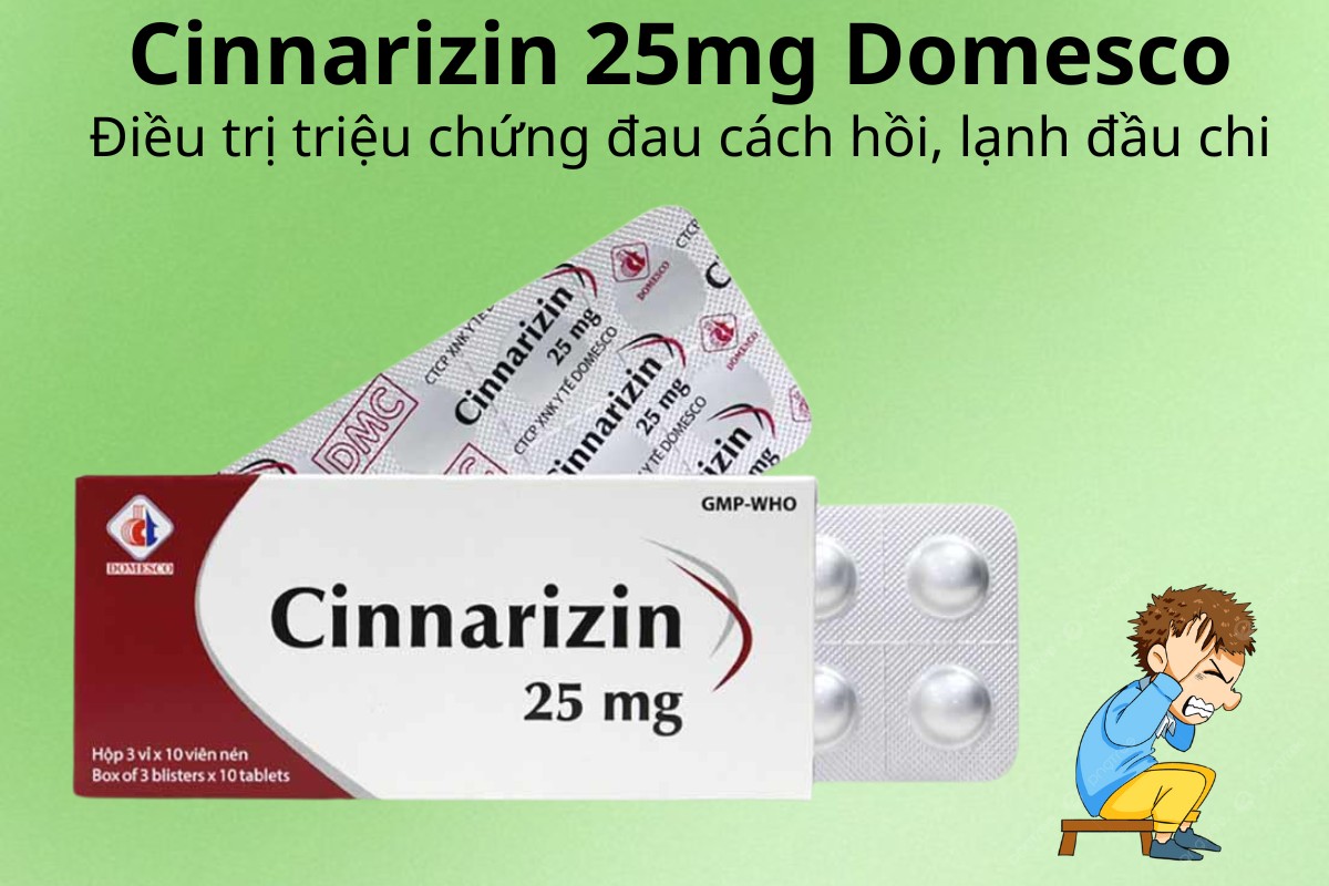 Cinnarizin 25mg Domesco 7 Cinnarizin 25mg Domesco điều trị triệu chứng đau cách hồi, lạnh đầu chi