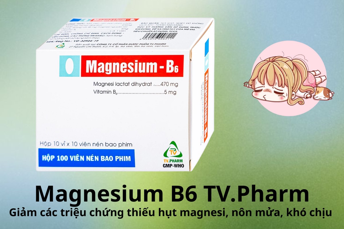Magnesium B6 TV.Pharm 9 Magnesium B6 TV.Pharm giảm các triệu chứng thiếu hụt magnesi, nôn mửa, khó chịu
