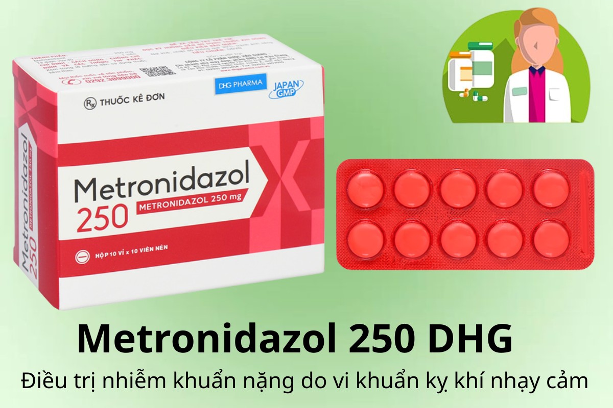 Metronidazol 250 DHG 8 Metronidazol 250 DHG điều trị nhiễm khuẩn nặng do vi khuẩn kỵ khí nhạy cảm