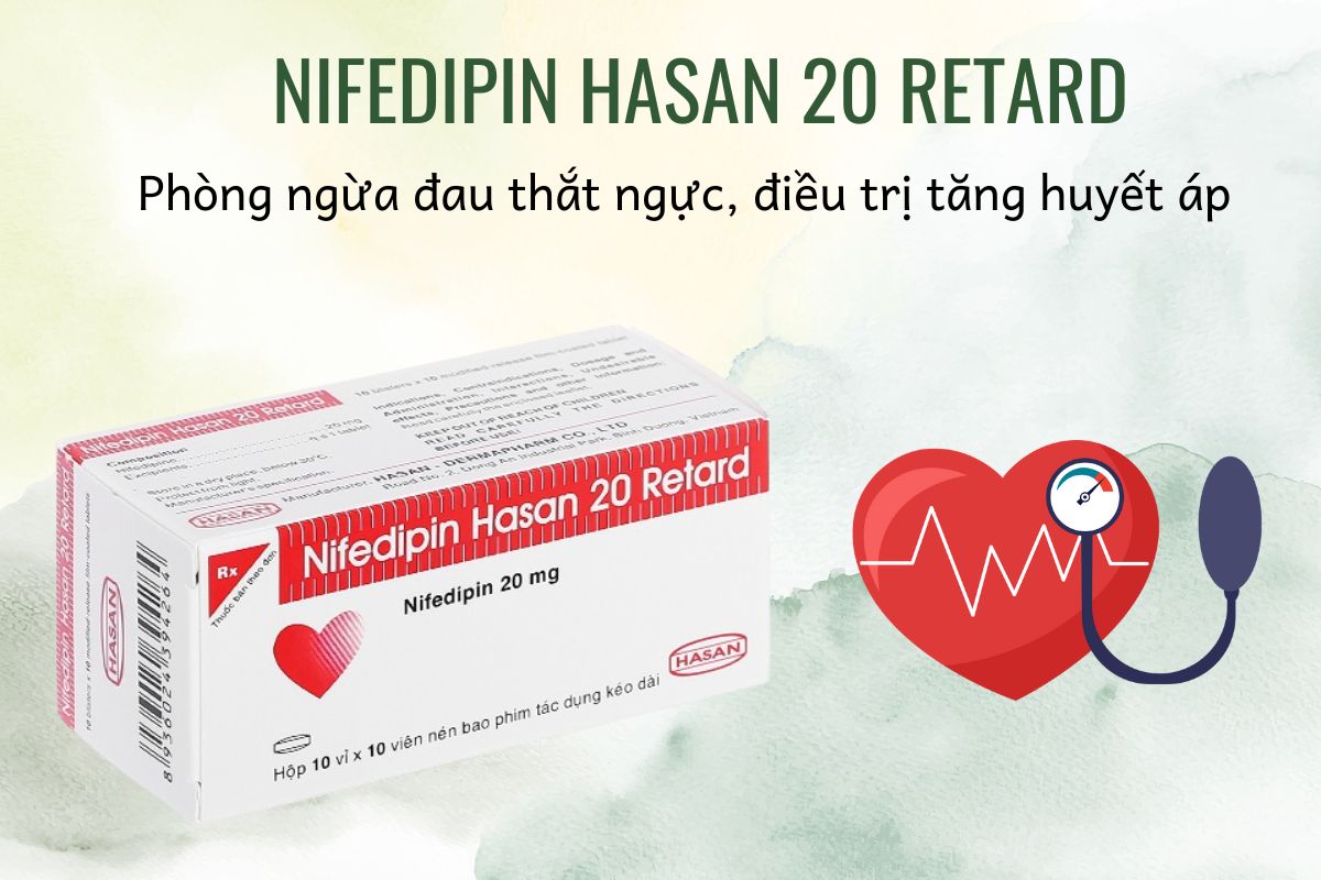 Nifedipin Hasan 20 Retard điều trị cao huyết áp, đau thắt ngực