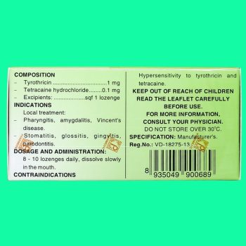 Viên ngậm sát trùng Tyrotab Pharmedic có tác dụng điều trị viêm họng, viêm amidan