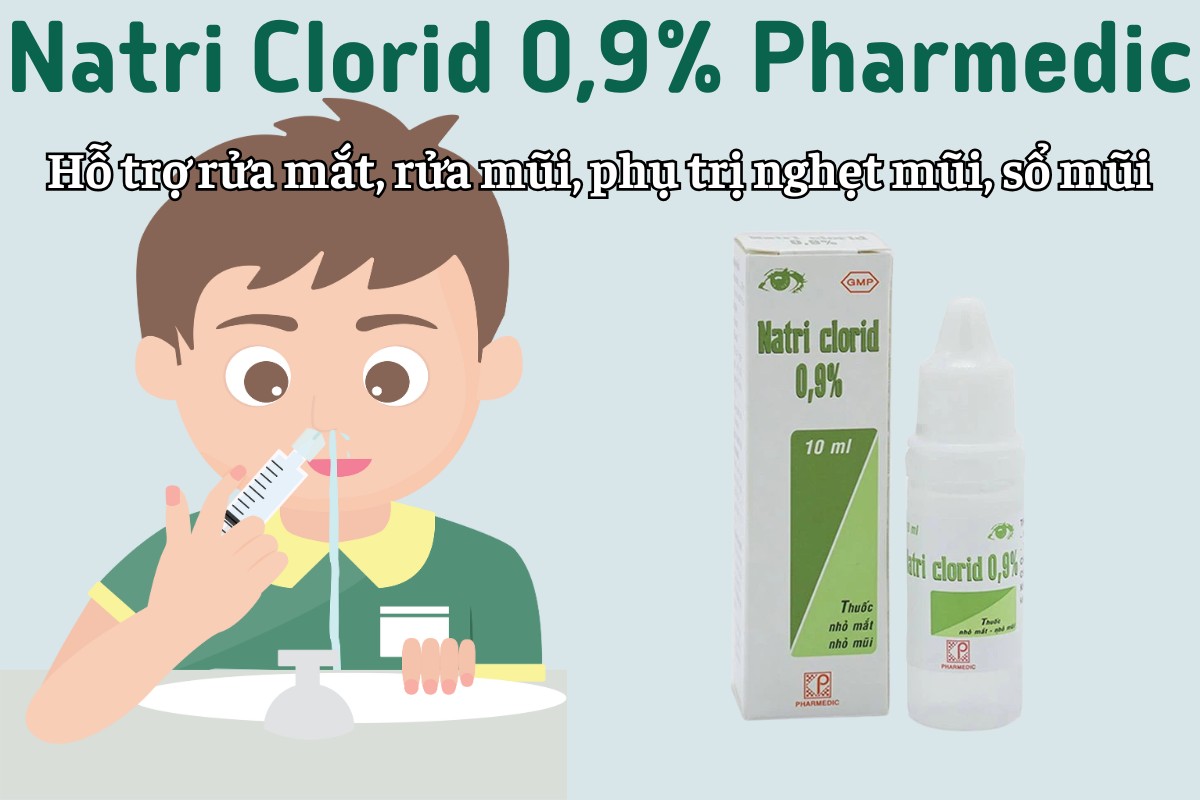 Natri Clorid 0.9% Pharmedic hỗ trở rửa mắt, rửa mũi và phụ trị nghẹt mũi, sổ mũi