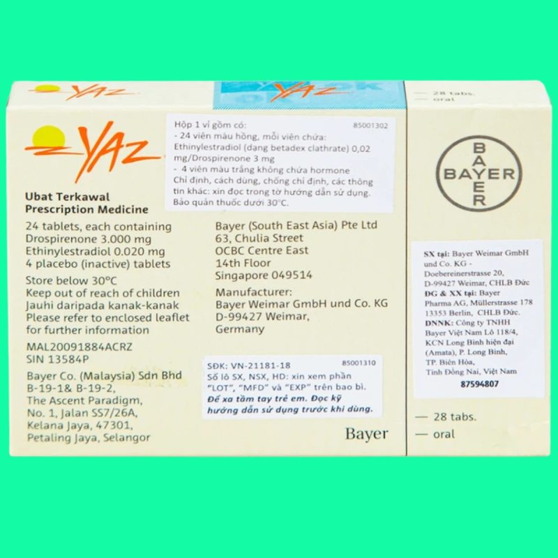 Thuốc Yaz Bayer tránh thai hàng ngày và điều trị mụn trứng cá