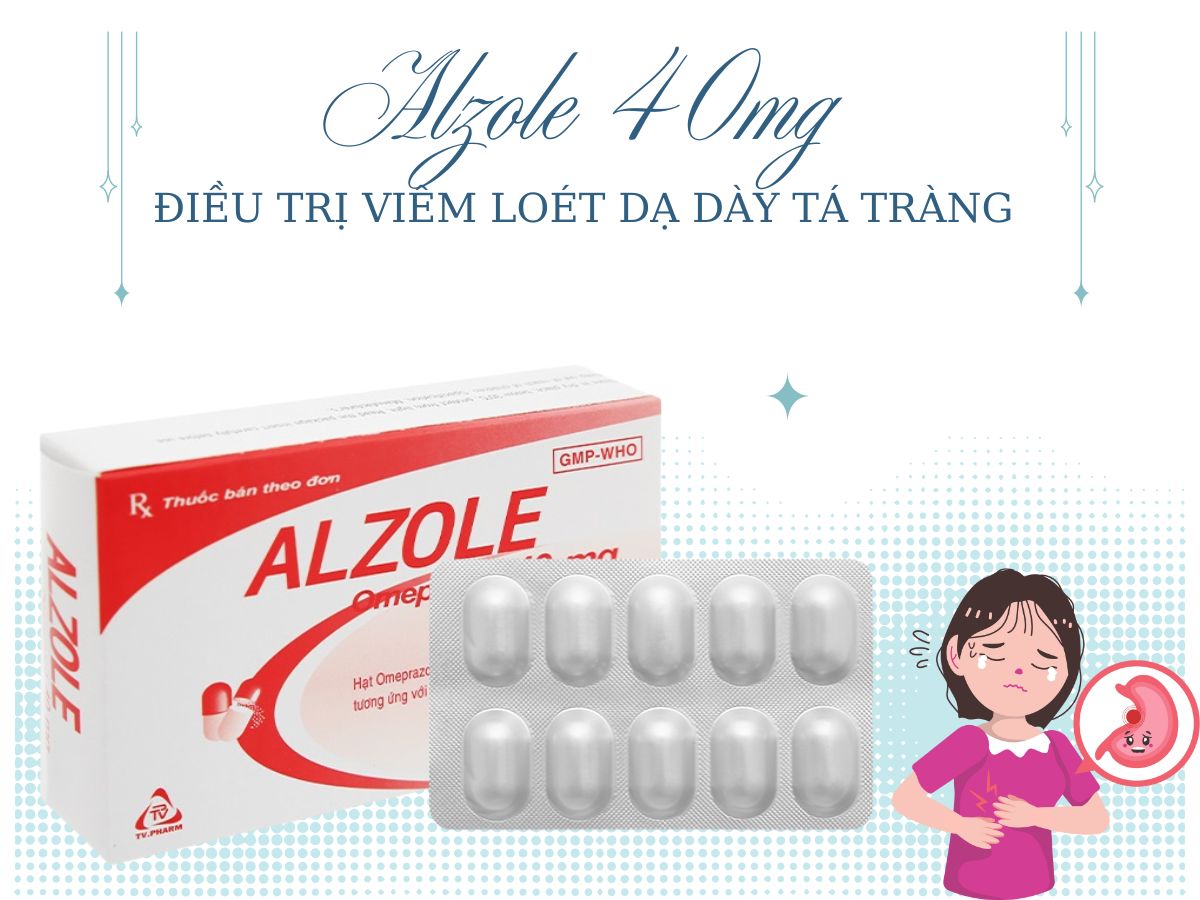Alzole 40mg 10 Thuốc Alzole 40mg điều trị viêm loét dạ dày tá tràng, hội chứng Zollinger Ellision