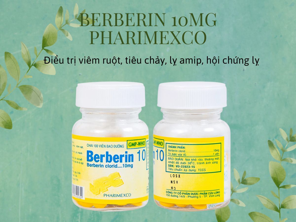 Berberin 10mg Pharimexco 8 Berberin 10mg Pharimexco điều trị hội chứng lỵ, lỵ amip, tiêu chảy