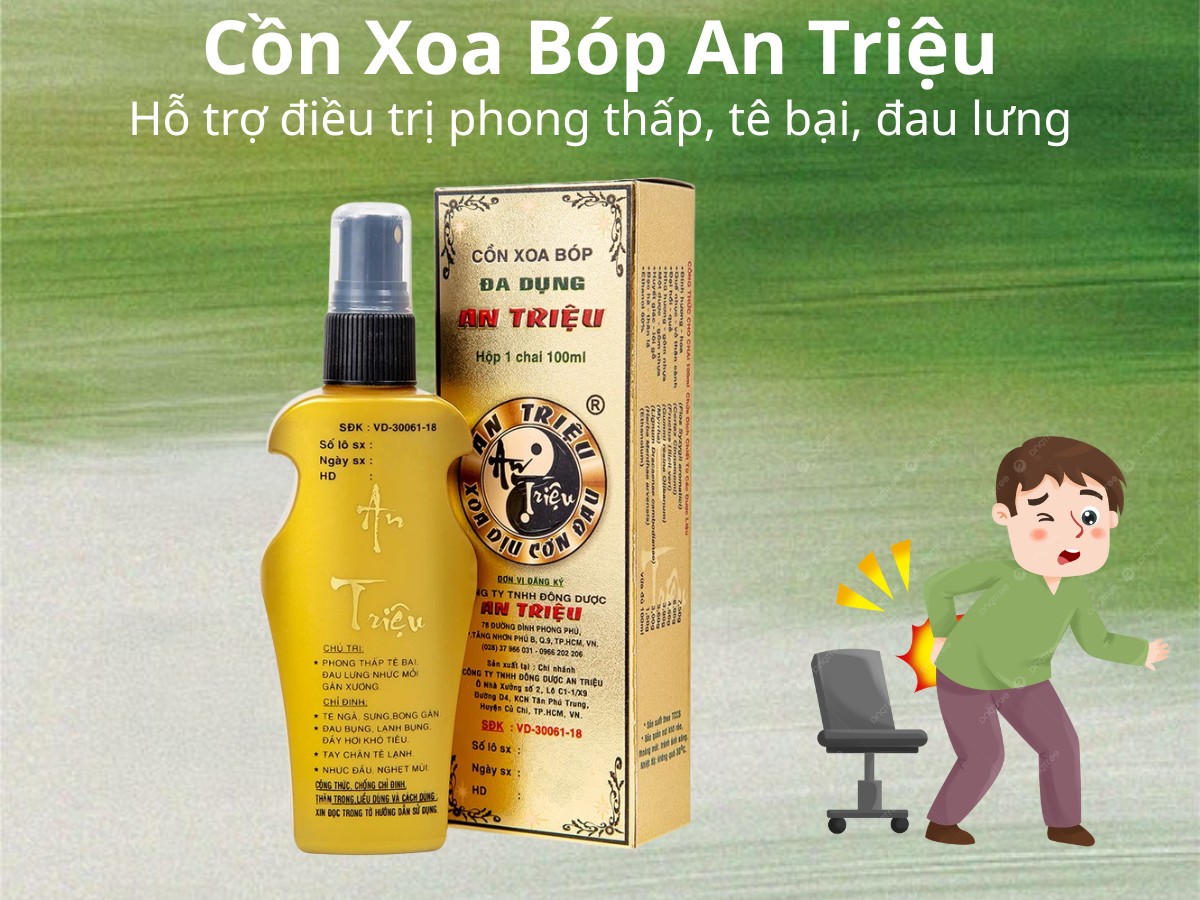 Cồn Xoa Bóp An Triệu 10 Cồn Xoa Bóp An Triệu hỗ trợ điều trị phong thấp, tê bại, đau lưng