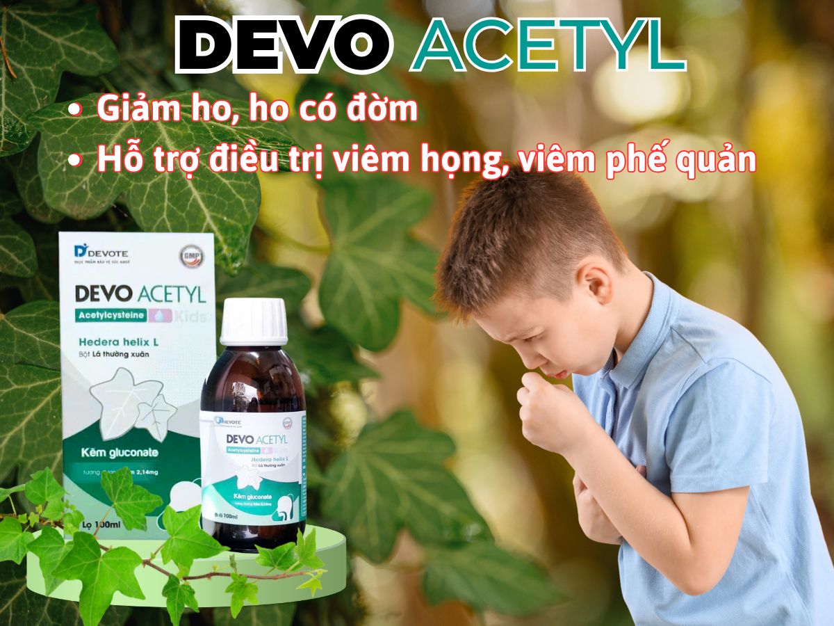 Siro Devo Acetyl 10 Siro Devo Acetyl hỗ trợ giảm triệu chứng ho, ho có đờm, viêm họng, viêm phế quản.