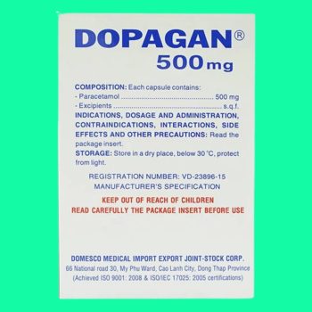 Thuốc Dopagan 500mg Domesco có tác dụng giúp điều trị đau và sốt mức độ nhẹ đến vừa