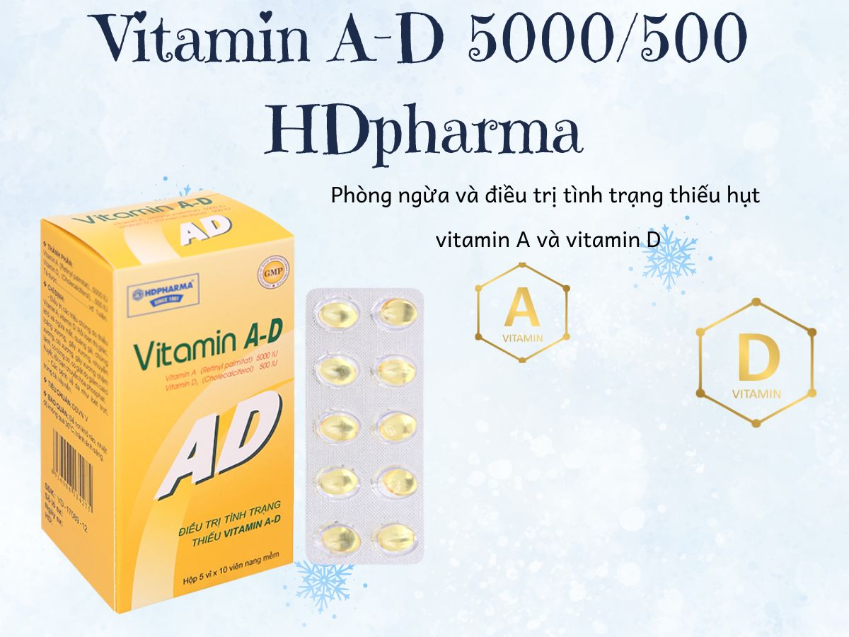 Vitamin A-D 5000/500 HDpharma 11 Vitamin A-D 5000/500 HDpharma điều trị tình trạng thiếu hụt vitamin A, D