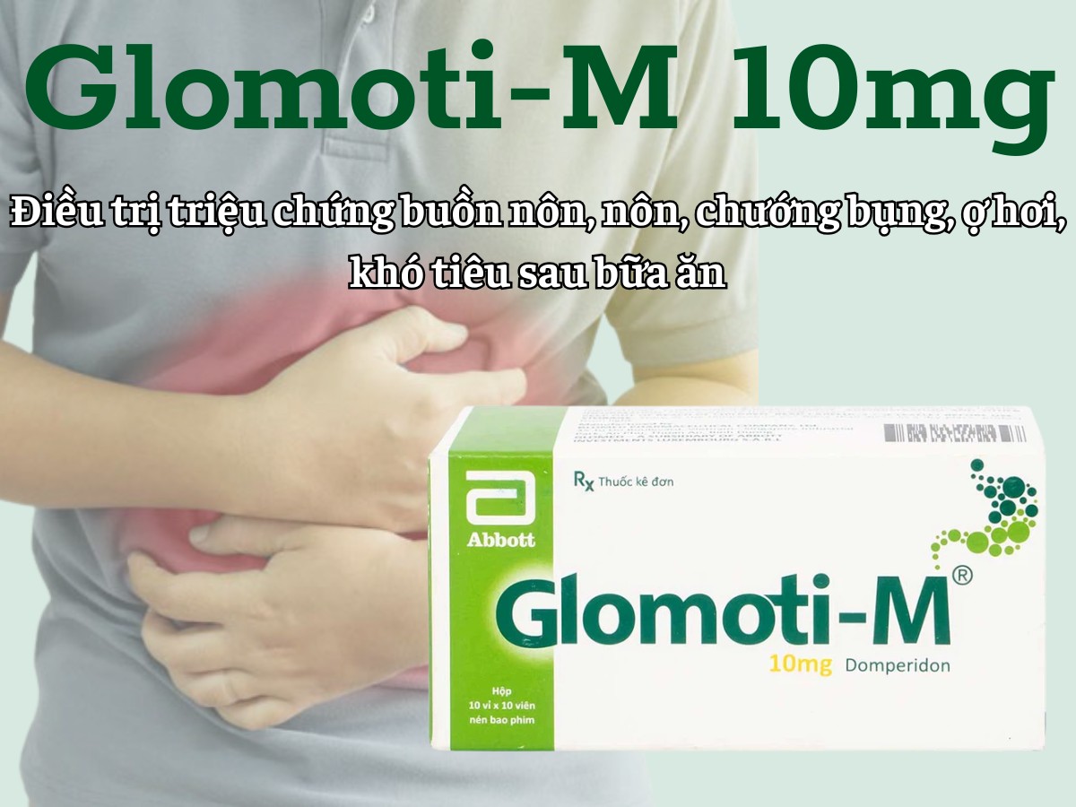 Glomoti-M 10mg 12 Glomoti-M 10mg điều trị triệu chứng buồn nôn, nôn, chướng bụng, ợ hơi, khó tiêu sau bữa ăn