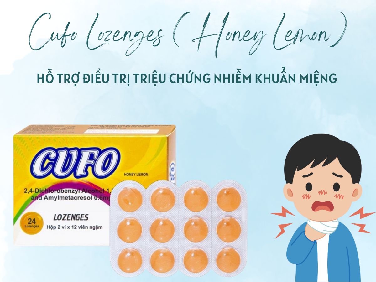 Cufo Lozenges (Honey Lemon) 15 Thuốc Cufo Lozenges (Honey Lemon) được sử dụng hỗ trợ điều trị triệu chứng nhiễm khuẩn miệng và nhiễm khuẩn họng ở cả người lớn và trẻ em trên 6 tuổi