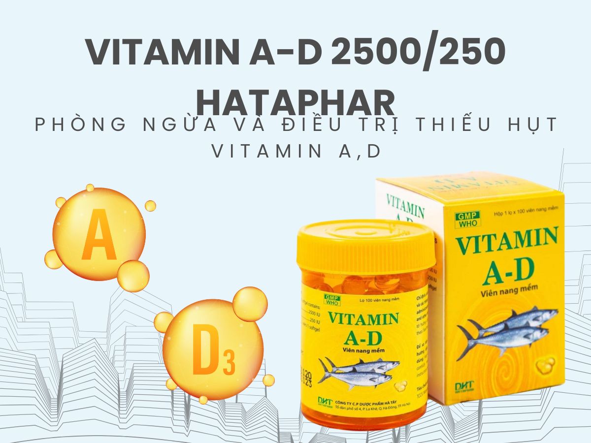 Vitamin A-D 2500/250 Hataphar 11 Thuốc Vitamin A-D 2500/250 Hataphar giảm nguy cơ thiếu hụt vitamin A và D