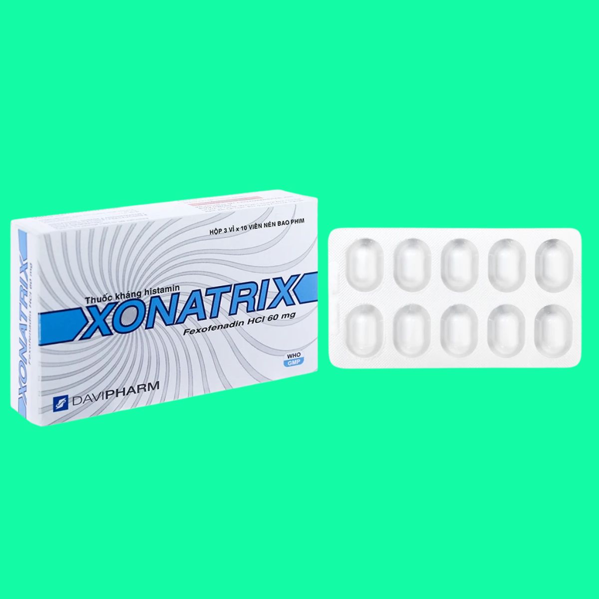 Xonatrix-60mg-10 Thuốc Xonatrix 60mg điều trị viêm mũi dị ứng theo mùa, mày đay vô căn