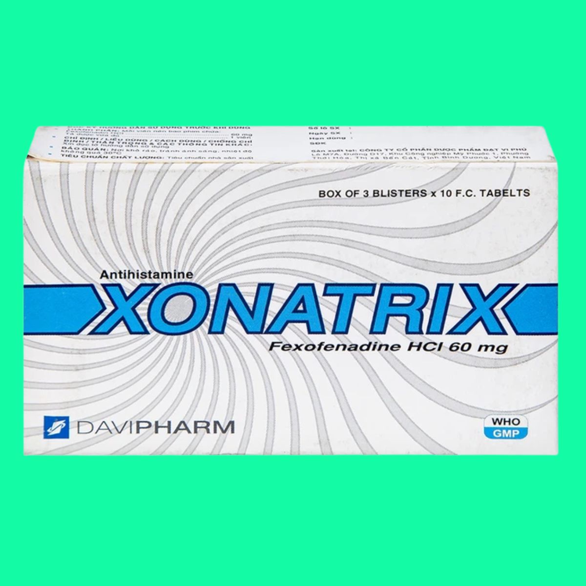 Xonatrix-60mg-6 Thuốc Xonatrix 60mg điều trị viêm mũi dị ứng theo mùa, mày đay vô căn