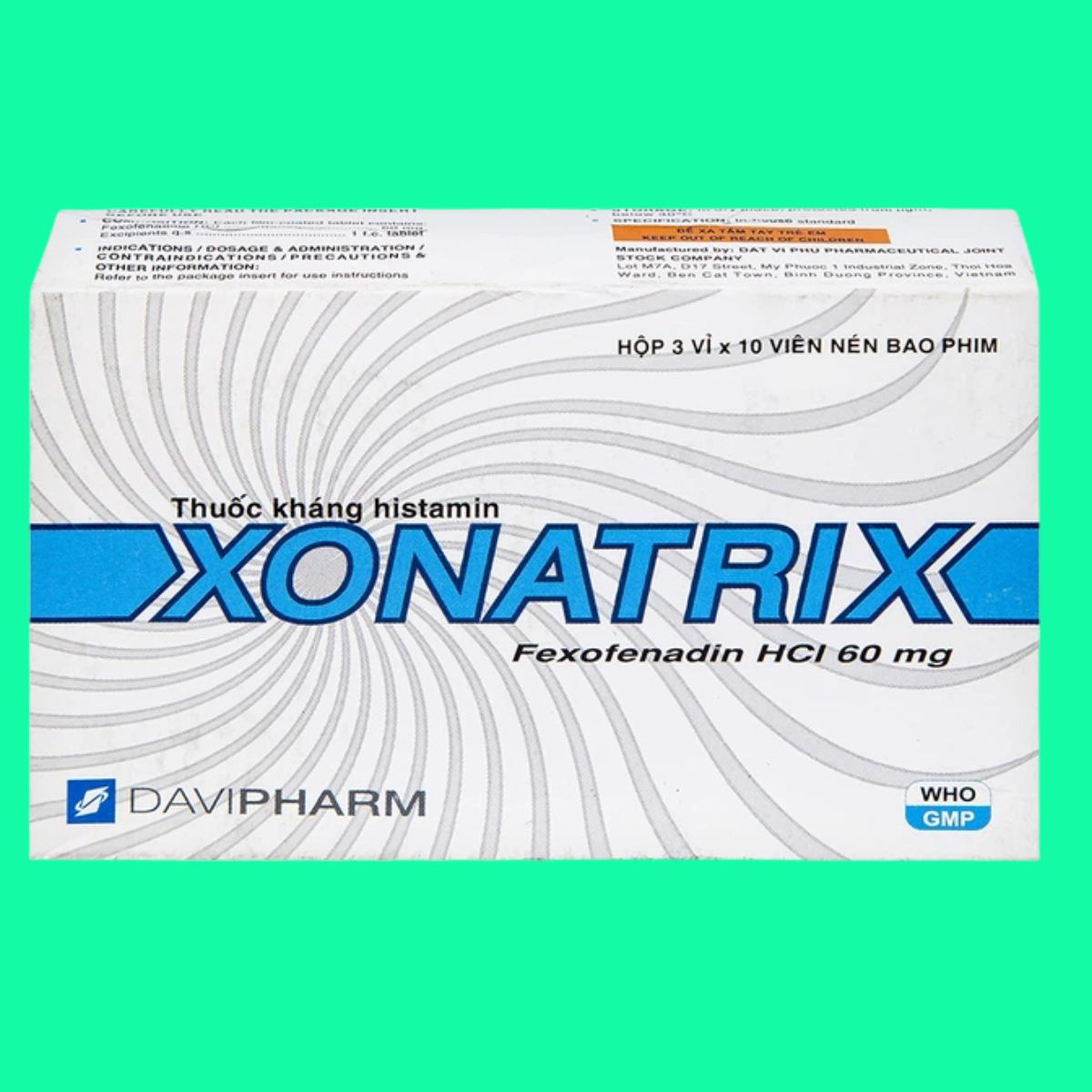 Xonatrix-60mg-8 Thuốc Xonatrix 60mg điều trị viêm mũi dị ứng theo mùa, mày đay vô căn