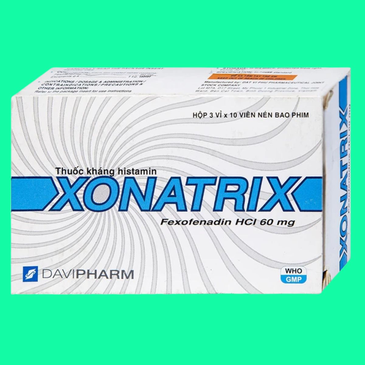 Xonatrix-60mg-9 Thuốc Xonatrix 60mg điều trị viêm mũi dị ứng theo mùa, mày đay vô căn