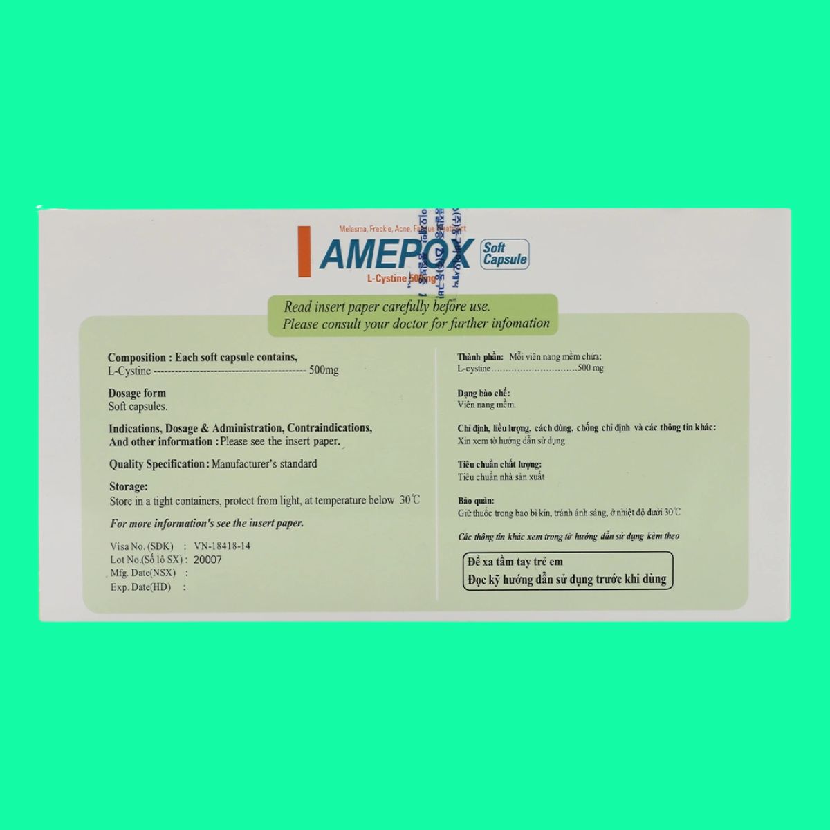 Amepox-500mg-4 Thuốc Amepox Soft Capsule 500mg điều trị sạm da, tàn nhang, nám da