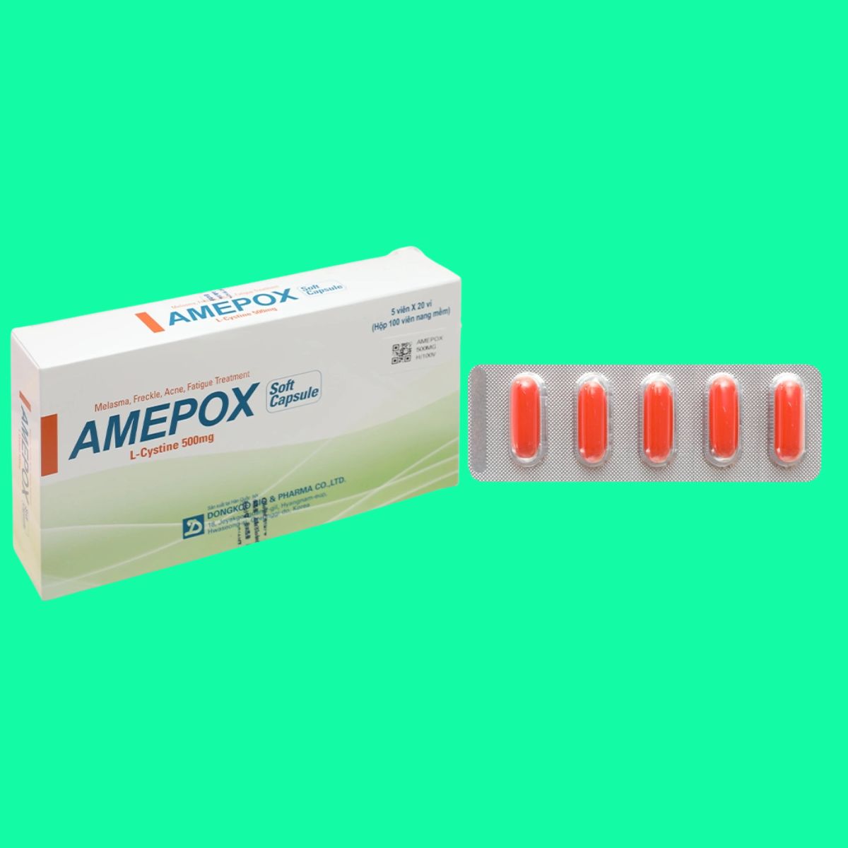 Amepox-500mg-8 Thuốc Amepox Soft Capsule 500mg điều trị sạm da, tàn nhang, nám da