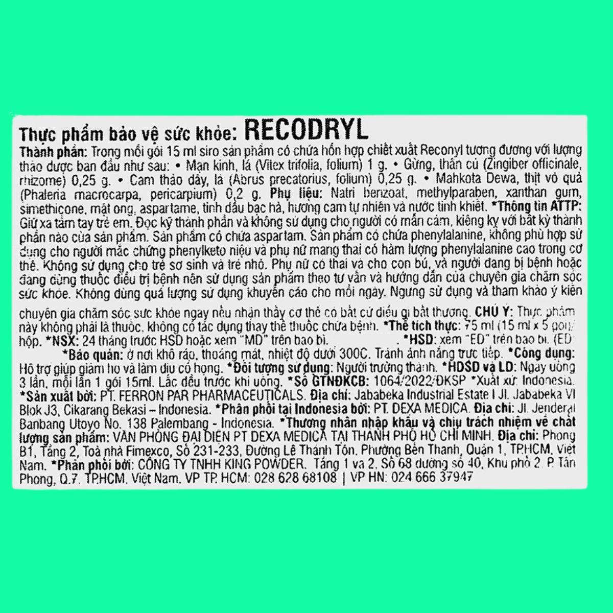 recodryl-2 Siro Ho Recodryl giúp hỗ trợ giảm ho và làm dịu cổ họng