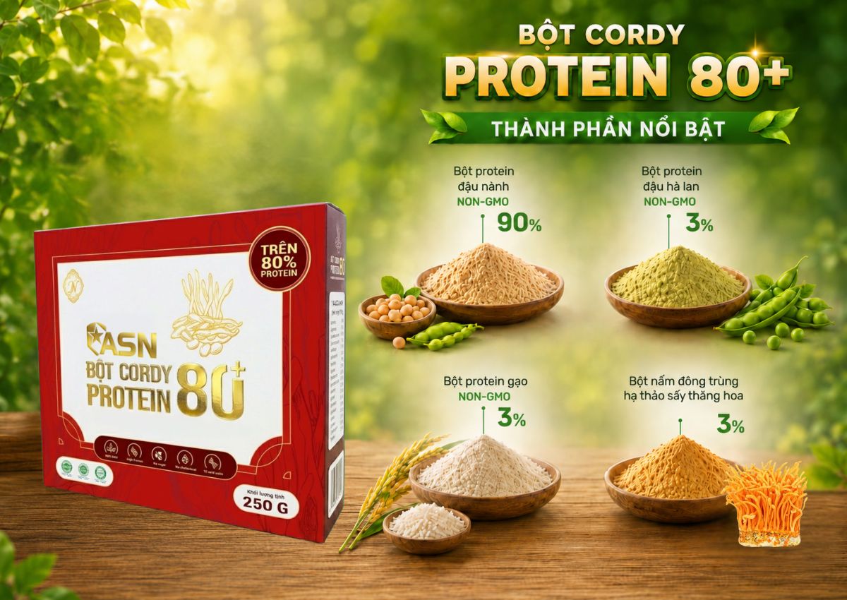 Bột Cordy Protein 80+ hỗ trợ tăng cường cơ bắp, chống mỏi cơ, suy trì sức đề kháng