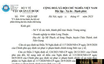Công văn số 8364/QLD-MP về việc đình chỉ lưu hành, thu hồi mỹ phẩm không đạt tiêu chuẩn chất lượng (Doanh nghiệp tư nhân Long Thuận)