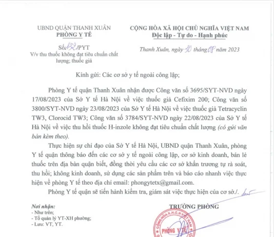 Công văn số 132 ngày 30/08/2023 về việc thu hồi thuốc không đạt tiêu chuẩn chất lượng, thuốc giả