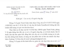 Công văn số 153/PYT Phòng y tế quận Thanh Xuân ngày 29 tháng 09 năm 2023 của Sở y tế Hà Nội về việc thu hồi thuốc PymeRoxitil không đạt tiêu chuẩn chất lượng