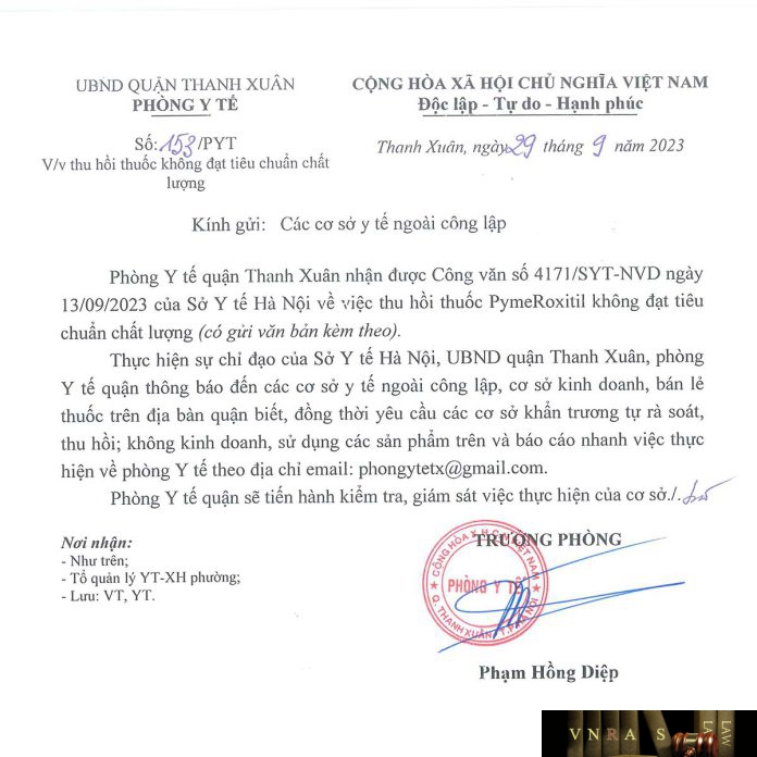 Công văn số 153/PYT Phòng y tế quận Thanh Xuân ngày 29 tháng 09 năm 2023 của Sở y tế Hà Nội về việc thu hồi thuốc PymeRoxitil không đạt tiêu chuẩn chất lượng