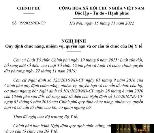 Nghị định 95/2022/NĐ-CP ngày 15 tháng 11 năm 2022 của Chính phủ Quy định chức năng, nhiệm vụ, quyền hạn và cơ cấu tổ chức của Bộ Y tế