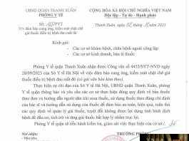 Công văn số 155/PYT Phòng y tế Quận Thanh Xuân ngày 02 tháng 10 năm 2023 về việc đảm bảo cung ứng, kiểm soát chặt chẽ giá thuốc điều trị bệnh đau mắt đỏ
