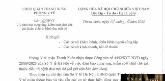 Công văn số 155/PYT Phòng y tế Quận Thanh Xuân ngày 02 tháng 10 năm 2023 về việc đảm bảo cung ứng, kiểm soát chặt chẽ giá thuốc điều trị bệnh đau mắt đỏ