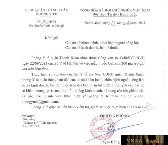 Công văn số 156/PYT Phòng y tế Quận Thanh Xuân ngày 02 tháng 10 năm 2023 về việc Thuốc Cefixim 200 giả