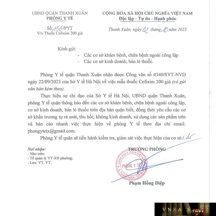 Công văn số 156/PYT Phòng y tế Quận Thanh Xuân ngày 02 tháng 10 năm 2023 về việc Thuốc Cefixim 200 giả