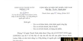 Công văn số 157/PYT Phòng y tế Quận Thanh Xuân ngày 02 tháng 10 năm 2023 về việc thu hồi sản phẩm Serum Burst Lotion Diếp cá siêu kích trắng - Lọ 250g không rõ nguồn gốc xuất xứ